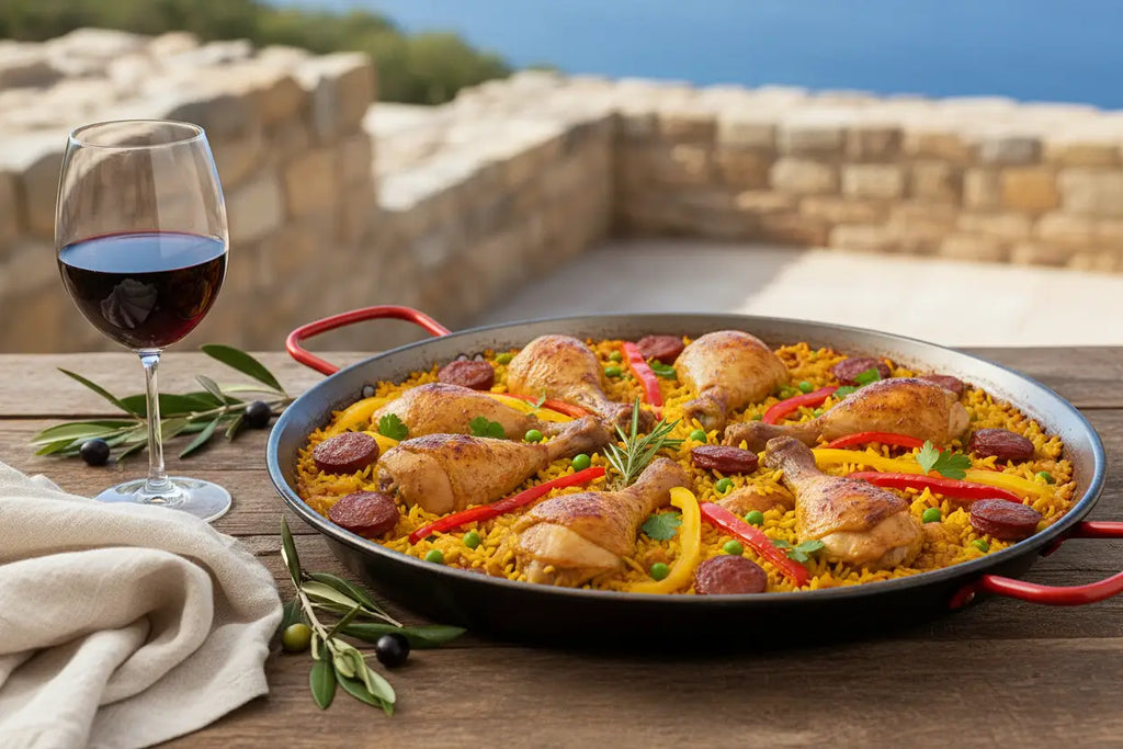 vin avec une paella au poulet et au chorizo